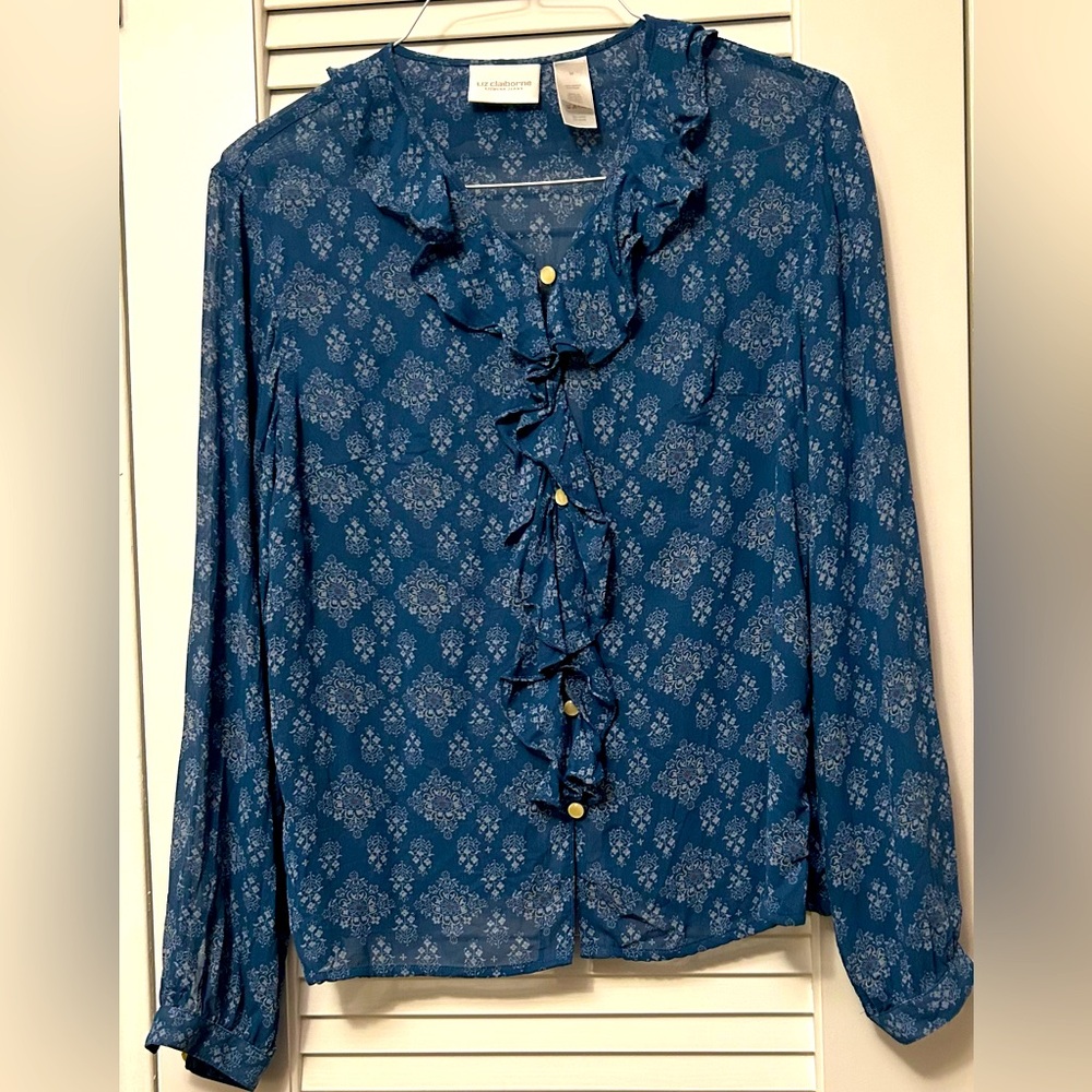 Liz Claiborne Floral Flutter Collar  Blouse Women’s Size Medium